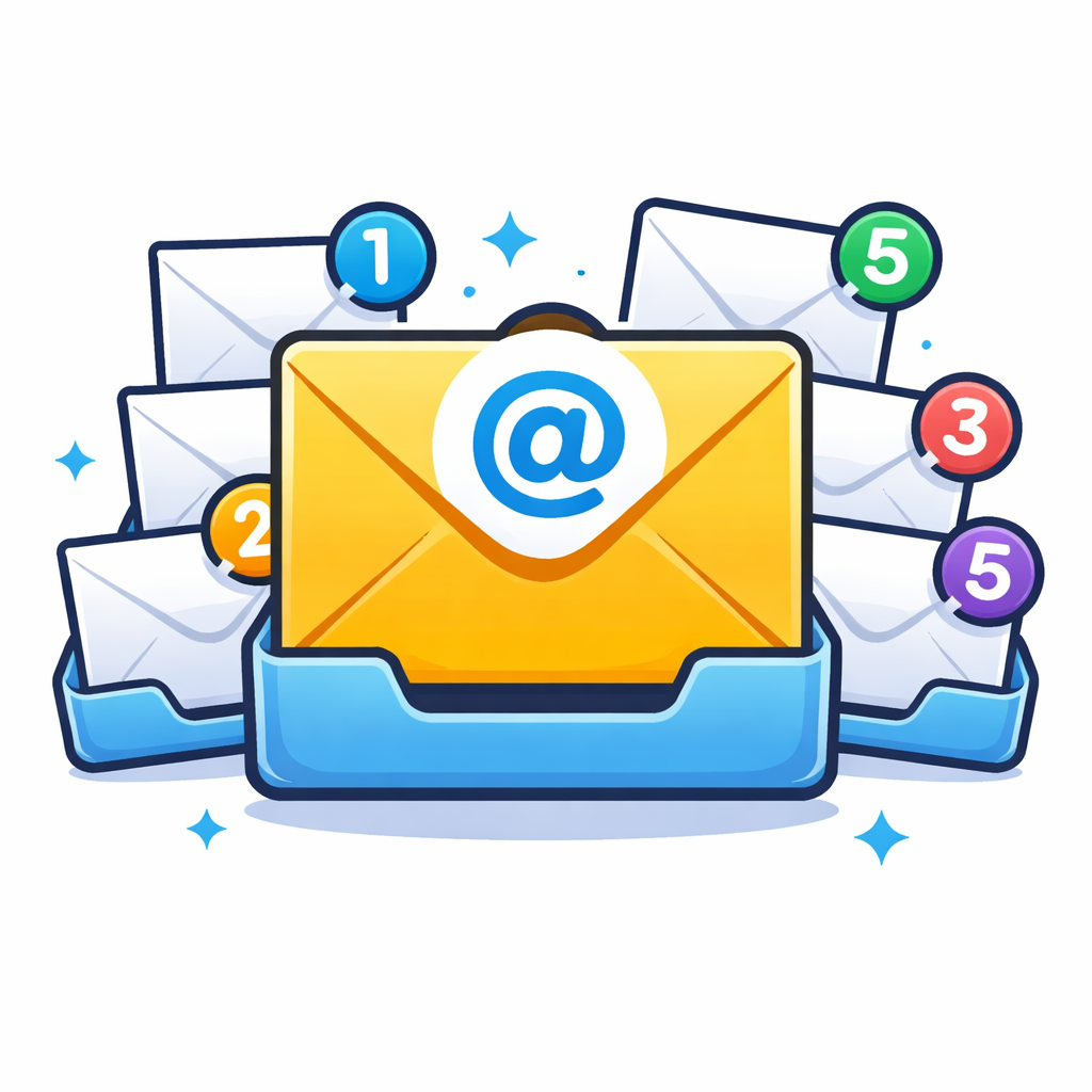Icono de un sobre de carta con el símbolo '@' y varias bandejas de entrada, representando 5 correos corporativos.
